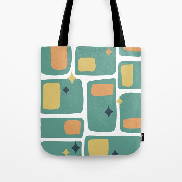 Mid Century Funky Squares and Stars in Teal, Orange and Yellow Tote Bag