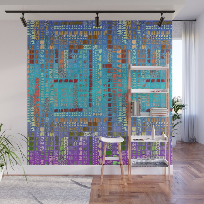 turquoise and purple batik ink marks hand-drawn collection Wall Mural