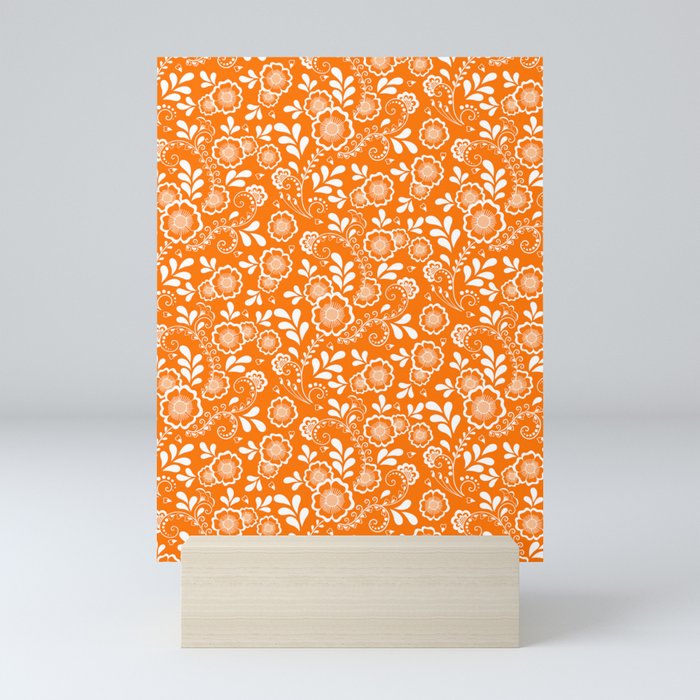 Orange And White Eastern Floral Pattern Mini Art Print