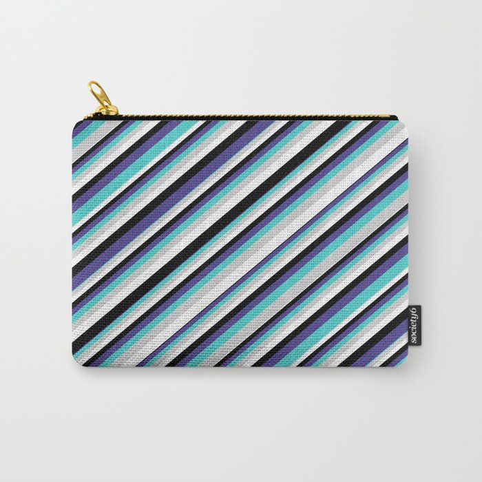 Eyecatching Turquoise, Light Grey, White, Black & Dark Slate Blue Colored Stripes Pattern Carry-All Pouch