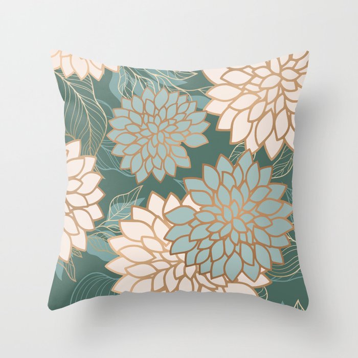 Floral Aesthetic in Teal Ivory and Gold Throw Pillow by Megan