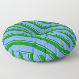 [ Thumbnail: Green and Cornflower Blue Colored Pattern of Stripes Floor Pillow ]