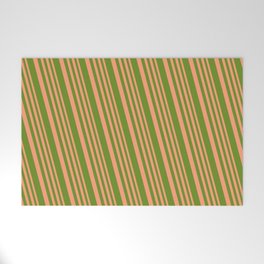 [ Thumbnail: Light Salmon & Green Colored Lined Pattern Welcome Mat ]