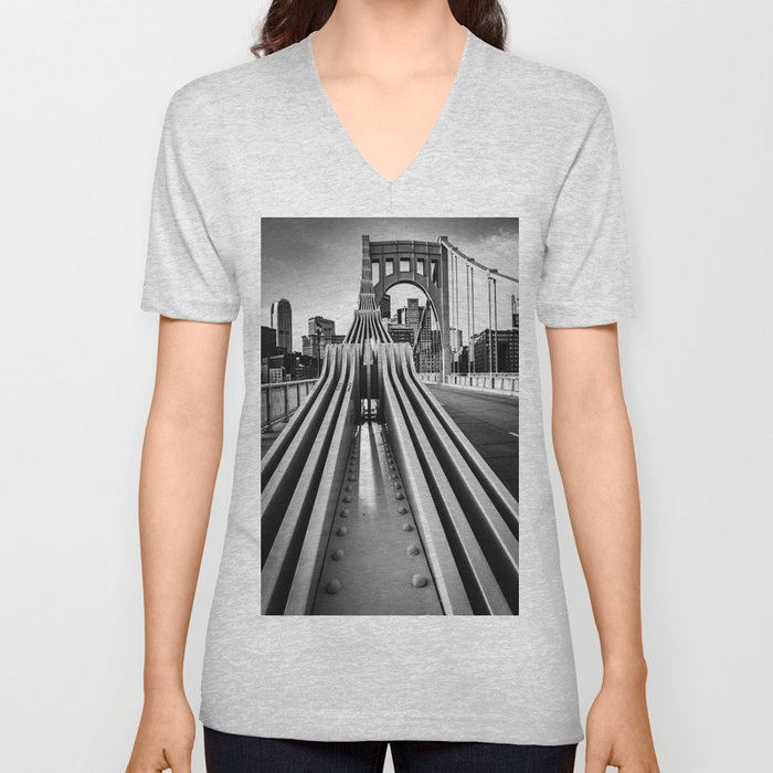 Pittsburgh Pennsylvania Steel City Skyline Bridge Black White Print V Neck T Shirt