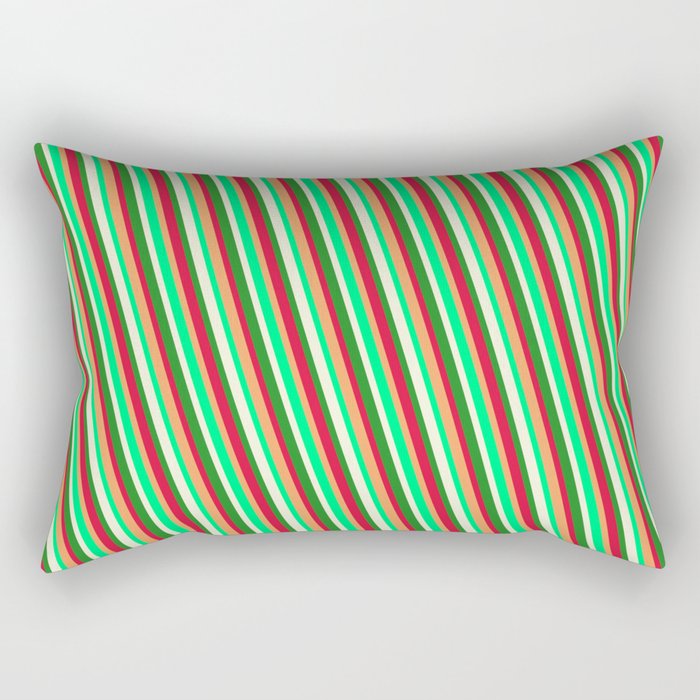 Brown, Green, Beige, Forest Green & Crimson Colored Lined Pattern Rectangular Pillow