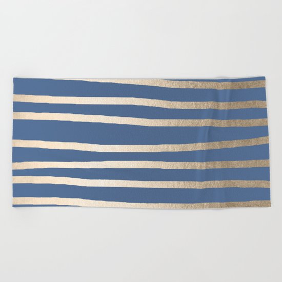 Simply Drawn Stripes White Gold Sands on Aegean Blue Beach Towel
