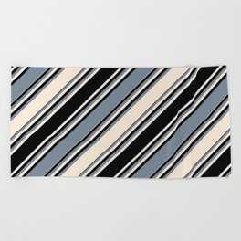 [ Thumbnail: Beige, Black & Light Slate Gray Colored Stripes/Lines Pattern Beach Towel ]