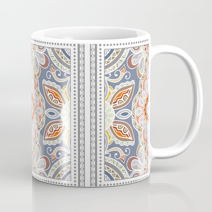 Decorative abstract colorful background, geometric floral doodle pattern with ornate lace frame. Tribal ethnic ornament. Bandanna shawl, tablecloth fabric print, silk neck scarf, kerchief design Coffee Mug