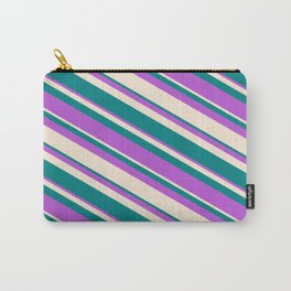 [ Thumbnail: Orchid, Beige & Teal Colored Lines Pattern Carry-All Pouch ]