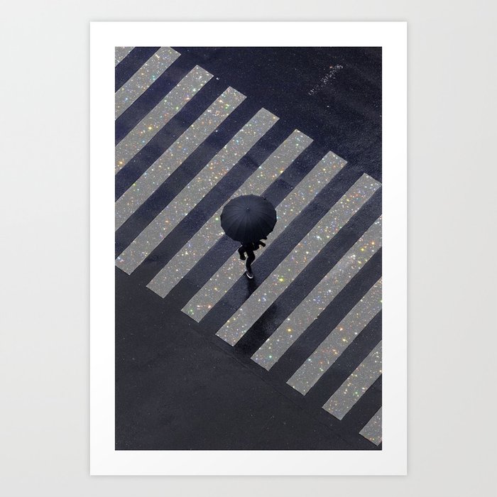 Walking in the rain | rainy |  crosswalks | alone | umbrella | grey Art Print