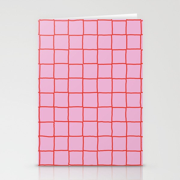 Retro Pink + Red Tiles Checker Plaid Stationery Cards