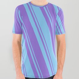 [ Thumbnail: Light Sky Blue & Purple Colored Striped/Lined Pattern All Over Graphic Tee ]