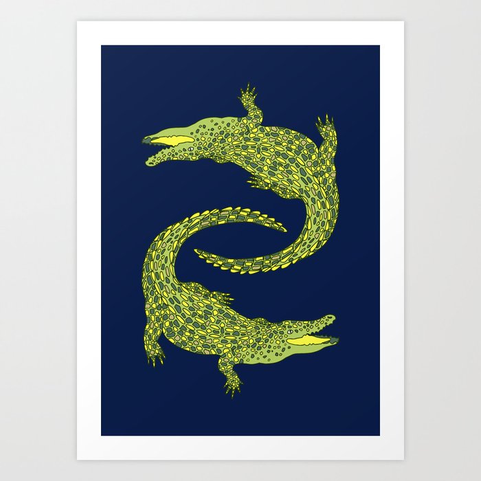 Crocodiles (Deep Navy and Green Palette) Art Print