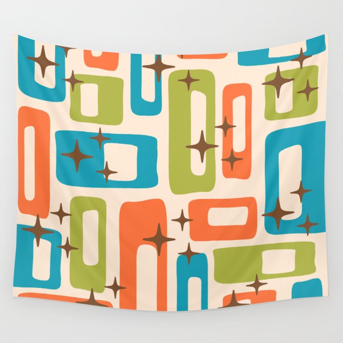 Retro Mid Century Modern Abstract Pattern 921 Googie Orange Chartreuse Turquoise Wall Tapestry