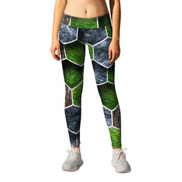 Hexagon geometric shape pattern with black rock, green nature moss and wooden tree trunk texture filling Leggings
