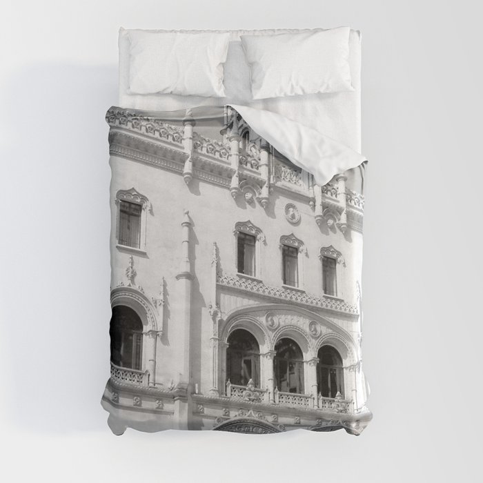 Monochromatic Lisbon Rossio train station in Restauradores Square (Praça dos Restauradores) Duvet Cover