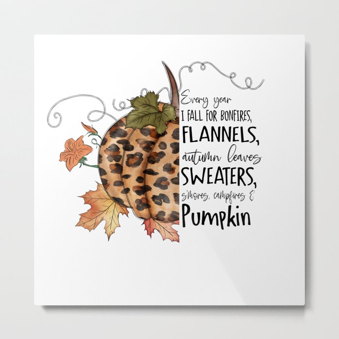 Leopard Pumkin leaves fall quote design Metal Print