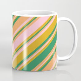 [ Thumbnail: Goldenrod, Sea Green, Brown, and Pink Colored Striped/Lined Pattern Coffee Mug ]