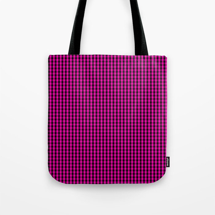 Small Hot Neon Pink and Black Gingham Check Tote Bag