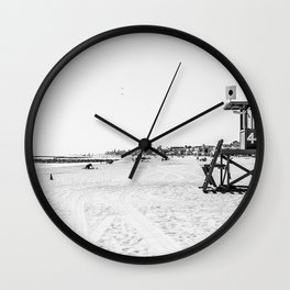 Newport Beach Lifeguard Tower Modern and Vintage Beach Aesthetic Photography of Grey Black White Sky Wall Clock