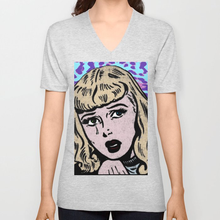 Comic Girl Crying | Vaporwave Leopard Skin | Vintage Comics Aesthetics V Neck T Shirt