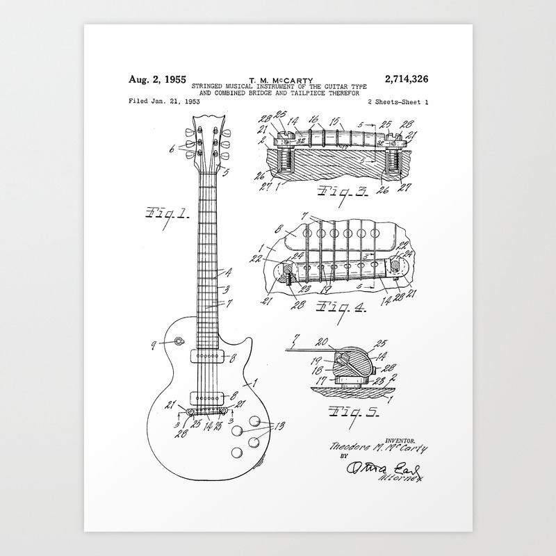 Gibson Guitar Patent Les Paul Guitar Art Black And White Art Print By Patentpress Society6