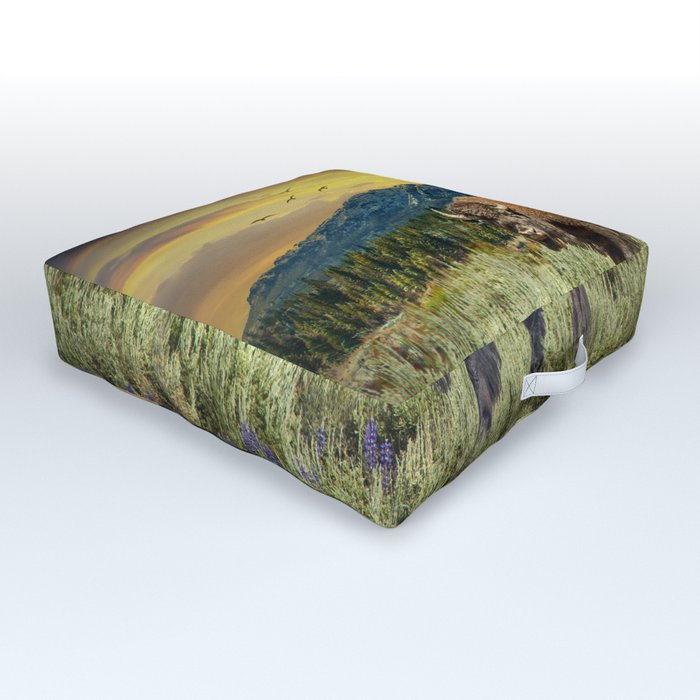 American Buffalo Western Landscape with Mountain Sunset in Yellowstone National Park Outdoor Floor Cushion