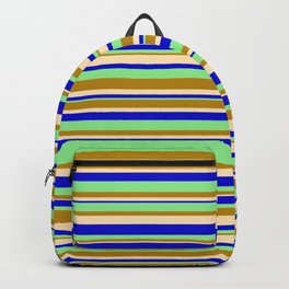[ Thumbnail: Light Green, Dark Goldenrod, Beige, and Blue Colored Stripes/Lines Pattern Backpack ]