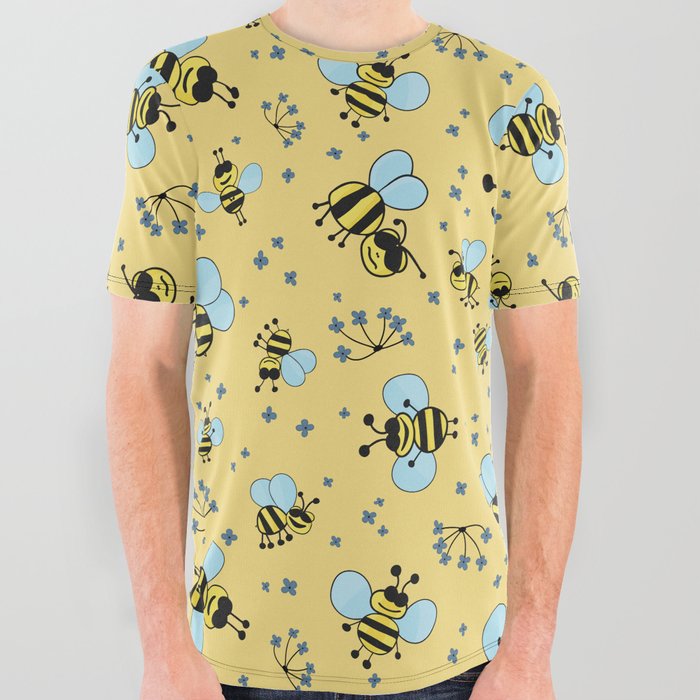  Fun bees pattern with navy blue flowers and yellow background All Over Graphic Tee