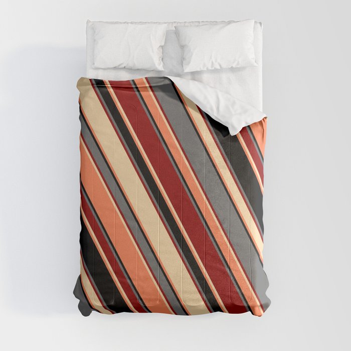 Eye-catching Dim Grey, Dark Red, Tan, Coral, and Black Colored Striped Pattern Comforter