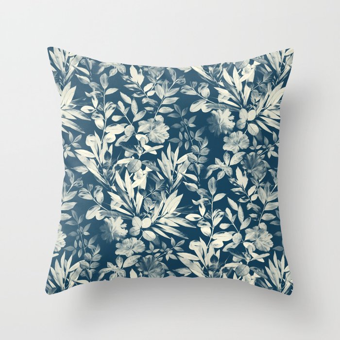 Moody Leaves in Grey Blue and Cream Throw Pillow