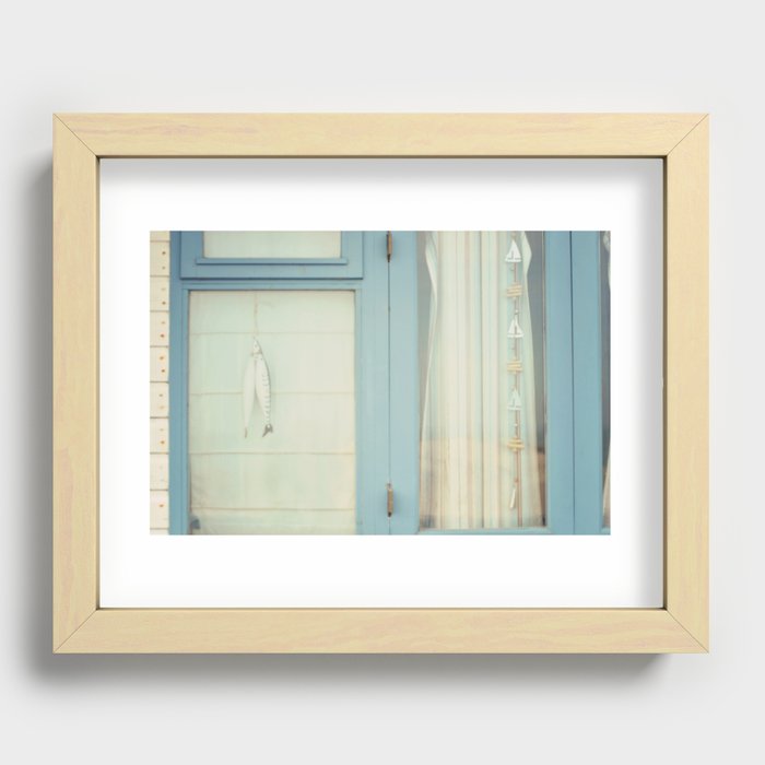Beach Hut window - blue Recessed Framed Print