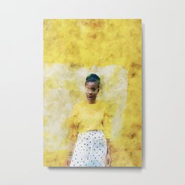 Woman In Yellow Crew Neck Long Sleeve Shirt Leaning On Yellow Painted Wall Metal Print | Yellow, Painting, Artist, Ebonygirl, Black, Fashion, People, Usa, Watercolor, Brownskin 