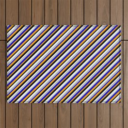 [ Thumbnail: Eyecatching Blue, Orange, Black, Mint Cream, and Grey Colored Lined Pattern Outdoor Rug ]