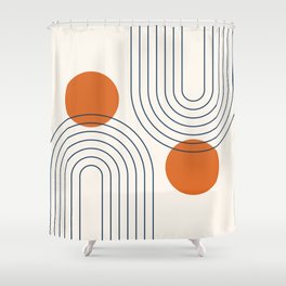 Mid Century Modern Geometric 88 in Navy Blue and Orange (Rainbow and Sun Abstraction) Shower Curtain
