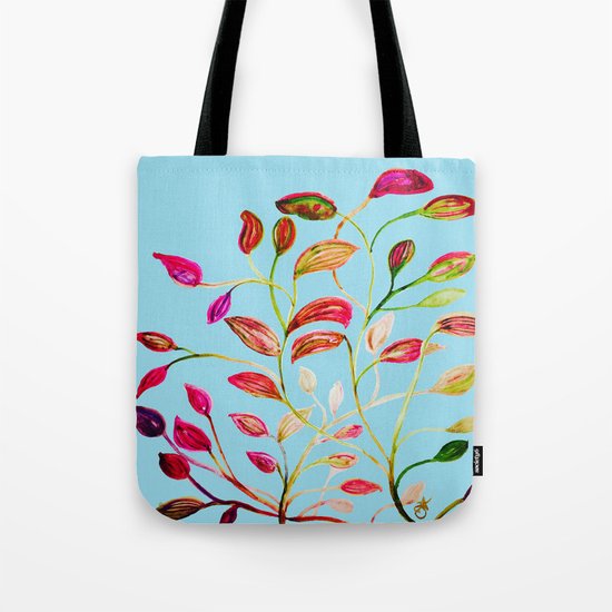 Red and Green Leaves on Light Blue Tote Bag