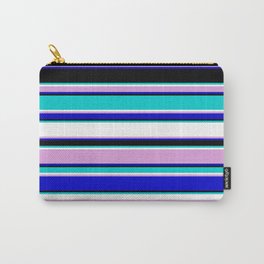 [ Thumbnail: Eye-catching Dark Turquoise, White, Plum, Blue & Black Colored Lined/Striped Pattern Carry-All Pouch ]