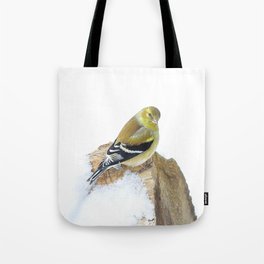 Snow, Snow, Snow! American Goldfinch on a Snowy Log Tote Bag