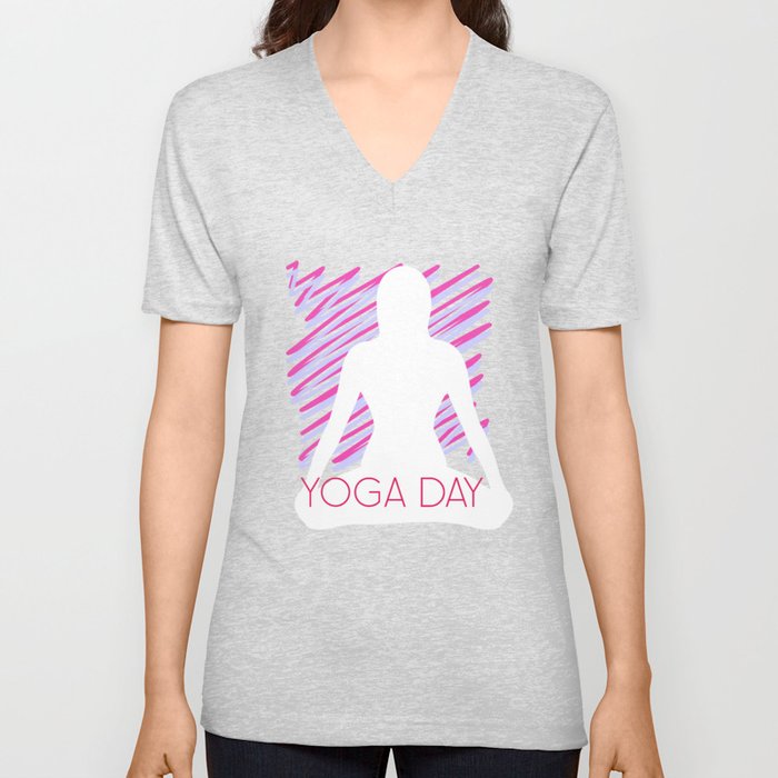 International yoga day scribbled art yoga pose in pink	 V Neck T Shirt