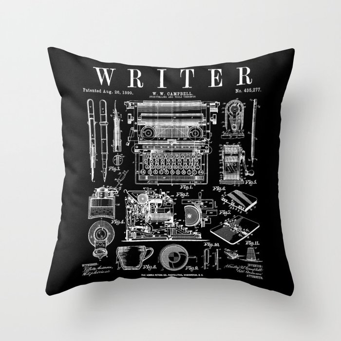 Writer Author Novelist Bookish Writing Tools Vintage Patent Throw Pillow