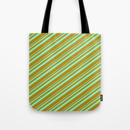 [ Thumbnail: Aquamarine & Dark Goldenrod Colored Lined/Striped Pattern Tote Bag ]