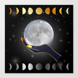 Graceful Hands holding the full moon on a starry night with moon phases Canvas Print