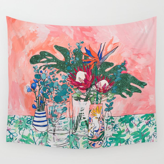 Cockatoo Vase - Bouquet of Flowers on Coral and Jungle Wall Tapestry