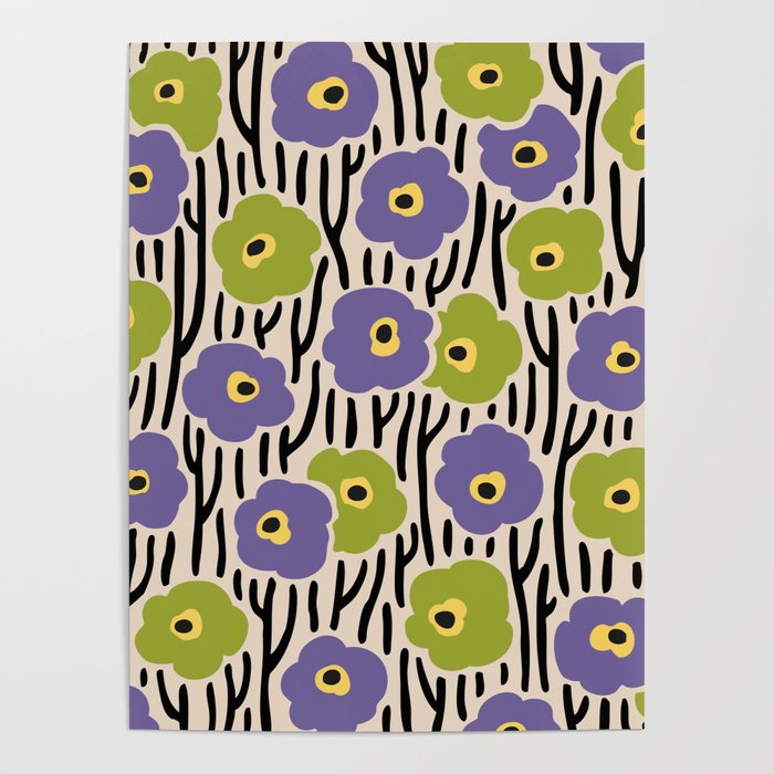 Wild Flowers Pattern Purple and Green Poster