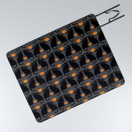Halloween pattern of black bat cats with yellow eye and wings, and orange pumpkins before dark gray background Picnic Blanket