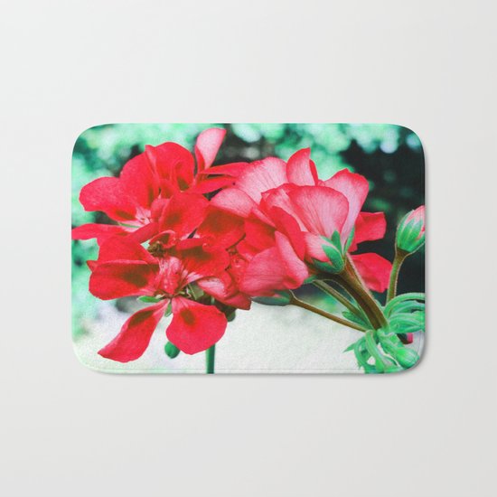 Red FlowERS Green Bokeh Bath Mat