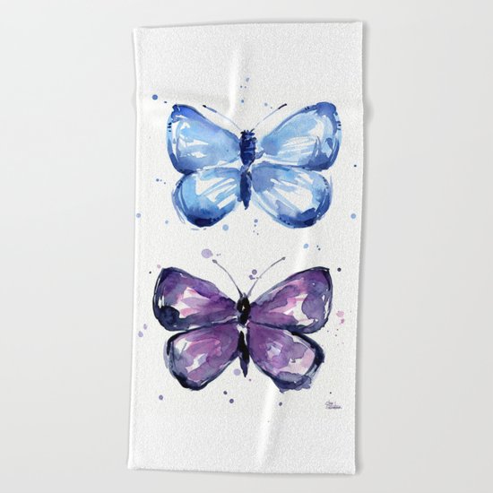 Butterflies Watercolor Blue and Purple Butterfly Beach Towel
