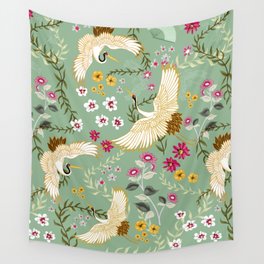 Chinoiserie Cranes on green birds vintage Wall Tapestry