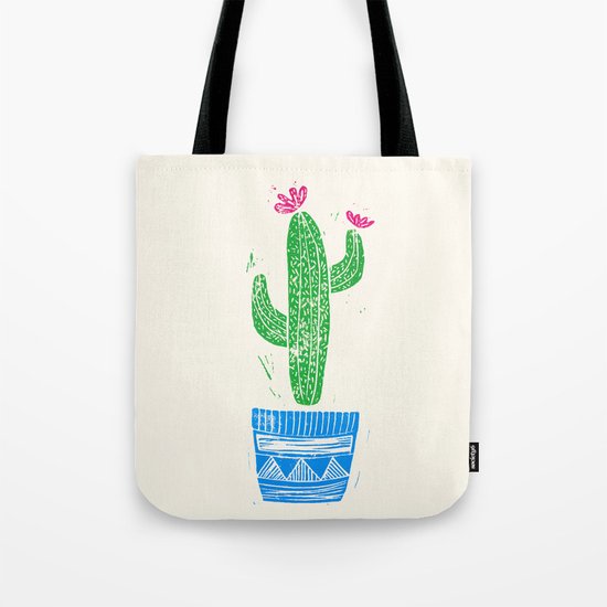 Linocut Cactus #2 in a pot Tote Bag