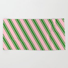 [ Thumbnail: Pink and Forest Green Colored Pattern of Stripes Beach Towel ]